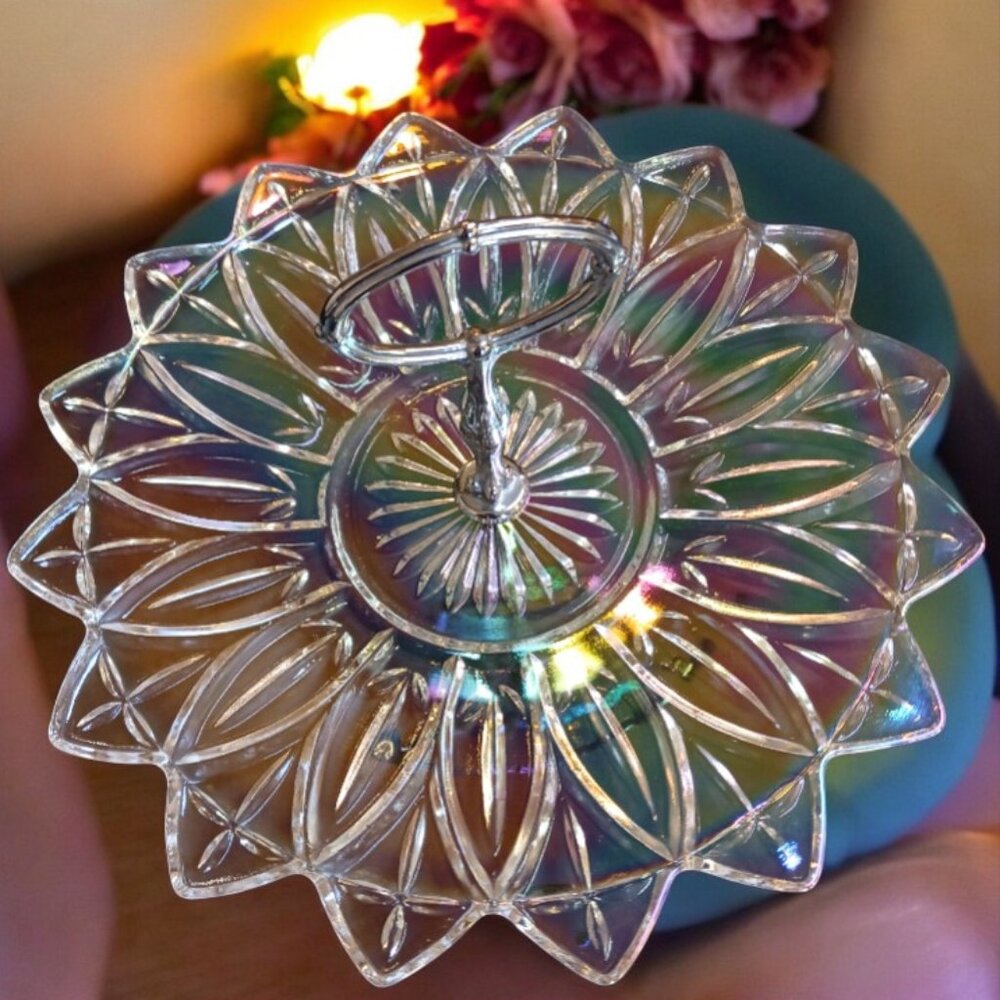 Vintage Federal Glass Iridescent Petal Hostess Serving Plate 1Tier Flower Shape